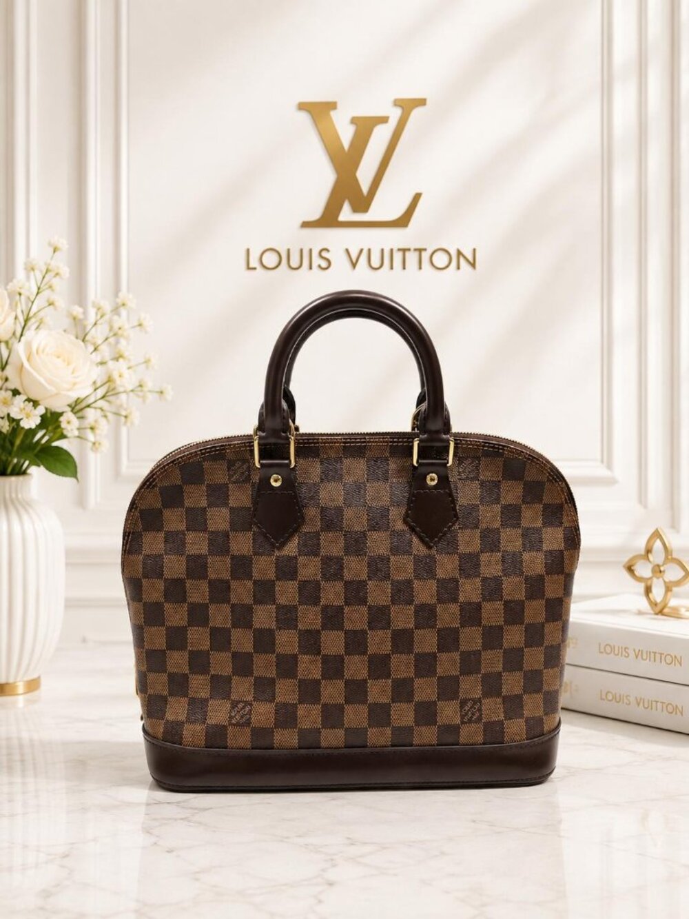 Authentic Louis Vuitton Alma Damier Ebene Canvas Brown Top Handle Handbag